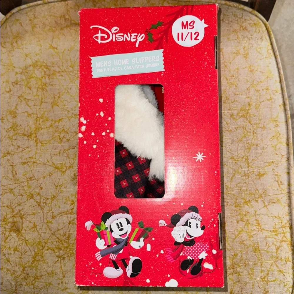 Disney Mickey Mouse Plush Holiday Mens Red & Black Faux Fur XMas House Slippers